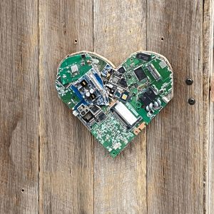 Green heart,art made with recycled computer technology electronic waste
